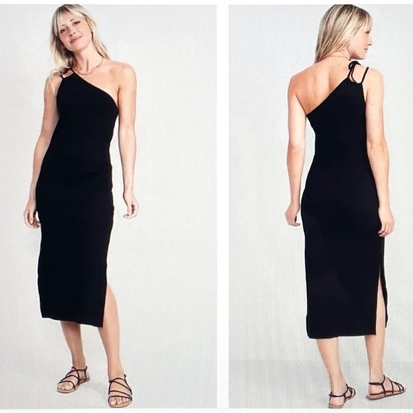 Old Navy Black Fitted One Shoulder Double Strap Rib Knit Midi Dress 3X - Picture 1 of 8